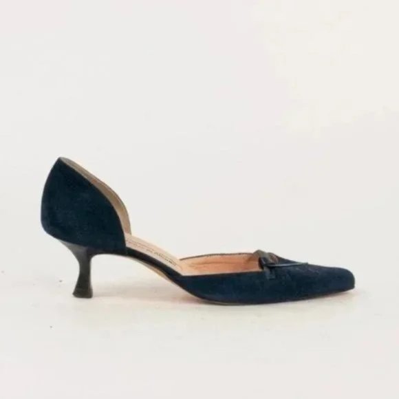 Manolo Blahnik Navy Suede Bow Kitten Heels - Picture 1 of 6